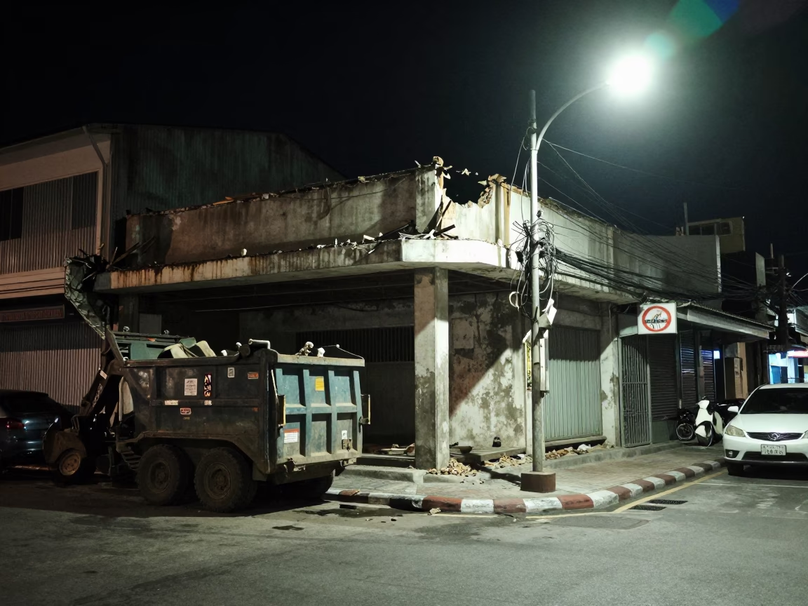 Late Night Phuket Thailand Street Scene with Demolition Dumpster and Local Activity in in Phuket, Thailand