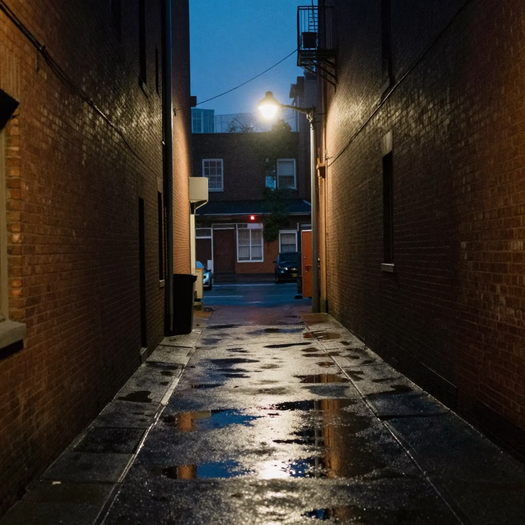 Late Night Portland Alleyway with Wet Pavement and Urban Decay Details in in Portland, Oregon, United States