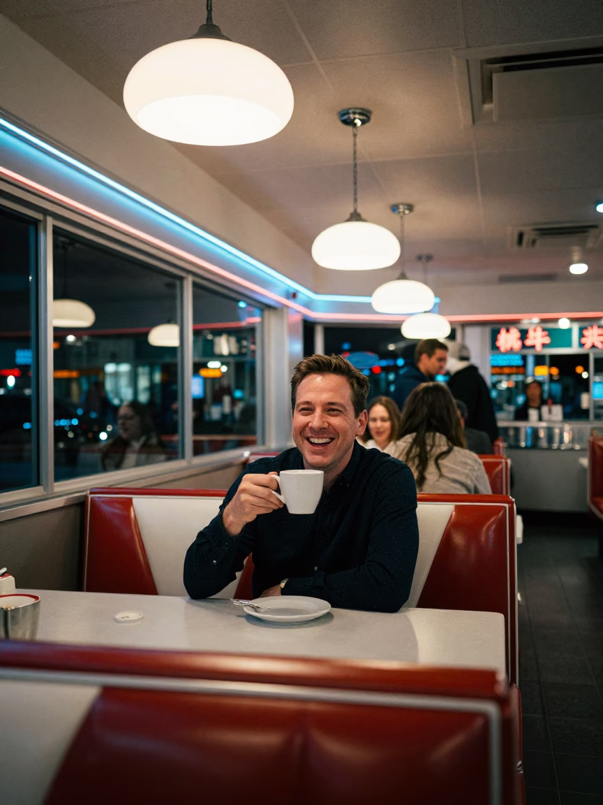 Late Night Portland Diner Interior with Ceramic Cup and Condensation on Window Pane in in Portland, Oregon, United States