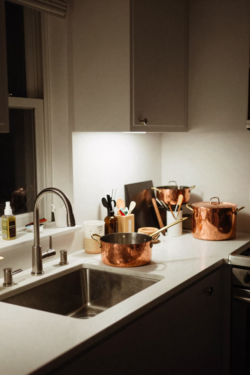 Late Night Portland Kitchen Interior with Copper Pots and Vintage Decor in in Portland, Oregon, United States