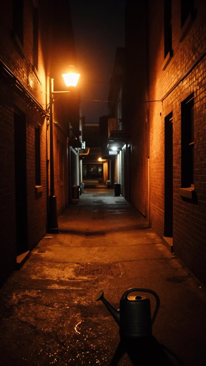 Late Night Portland Oregon Alleyway Scene with Watering Jug and Plumbago Hedge in in Portland, Oregon, United States