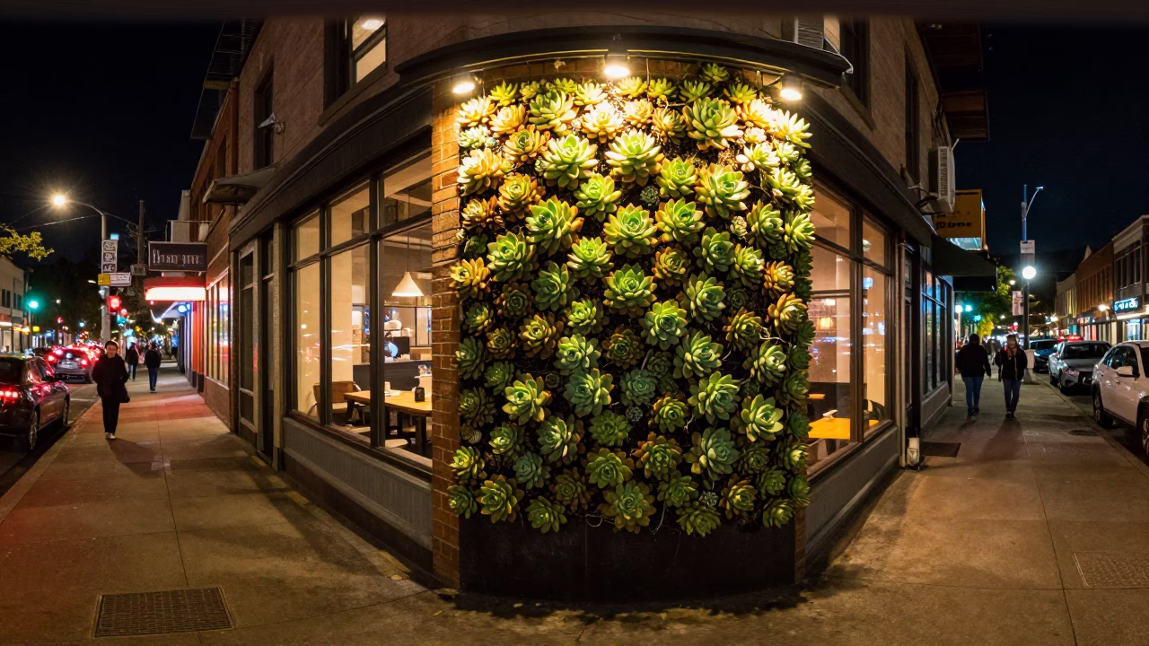Late Night Portland Oregon Cafe Living Wall Succulents and Street Life in in Portland, Oregon, United States