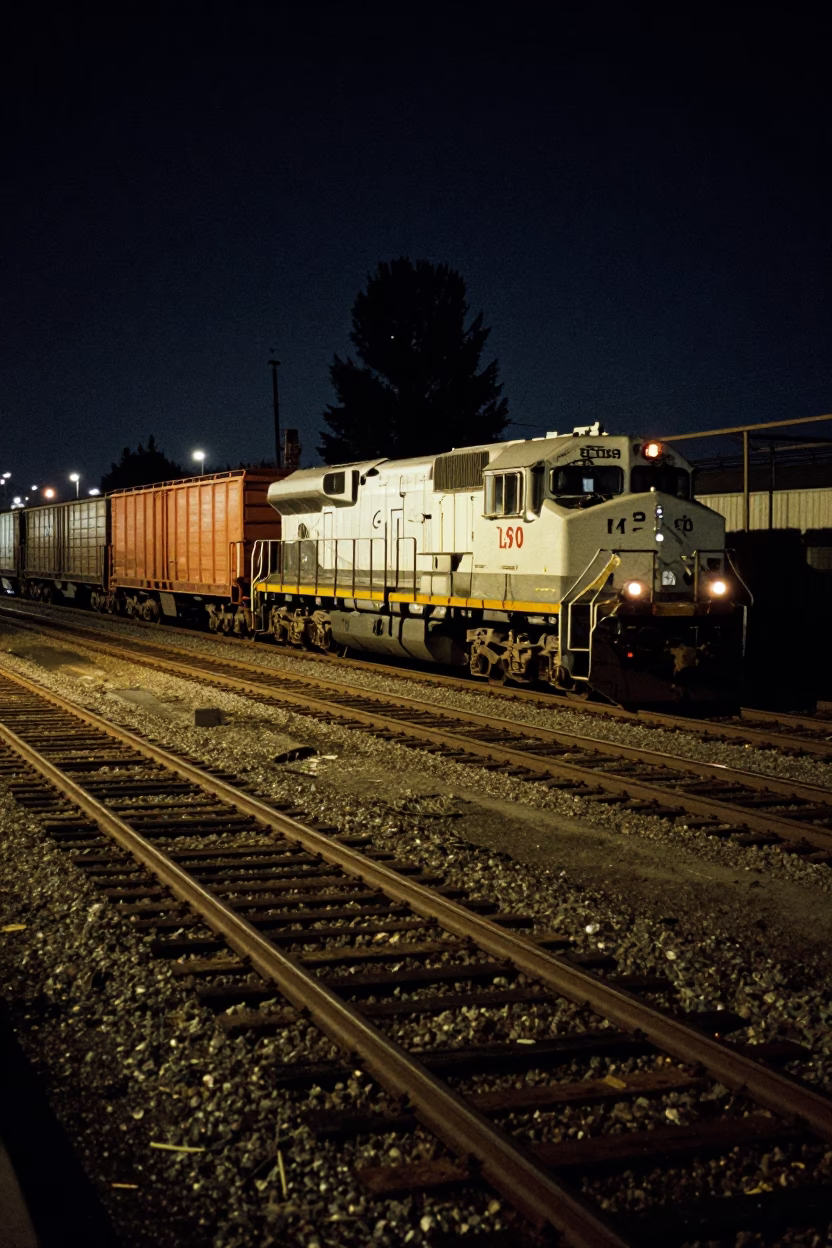 Late Night Portland Oregon Freight Train Rail Yard Illuminated by Streetlights in in Portland, Oregon, United States