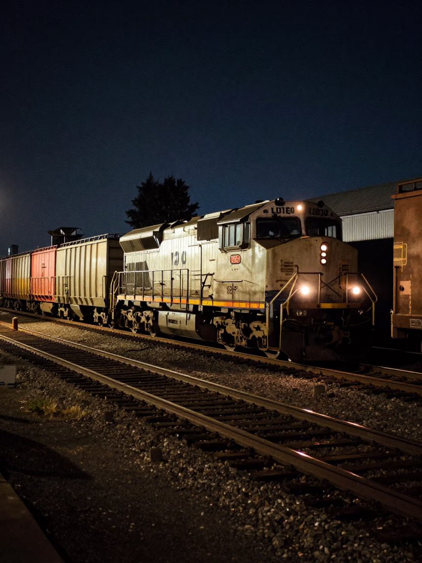 Late Night Portland Oregon Freight Train Rail Yard Industrial Scene in in Portland, Oregon, United States