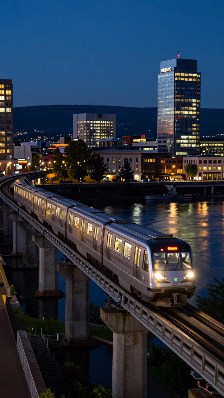 Late Night Portland Oregon Monorail Sweeping Above Willamette River Blue Hour Cityscape in in Portland, Oregon, United States