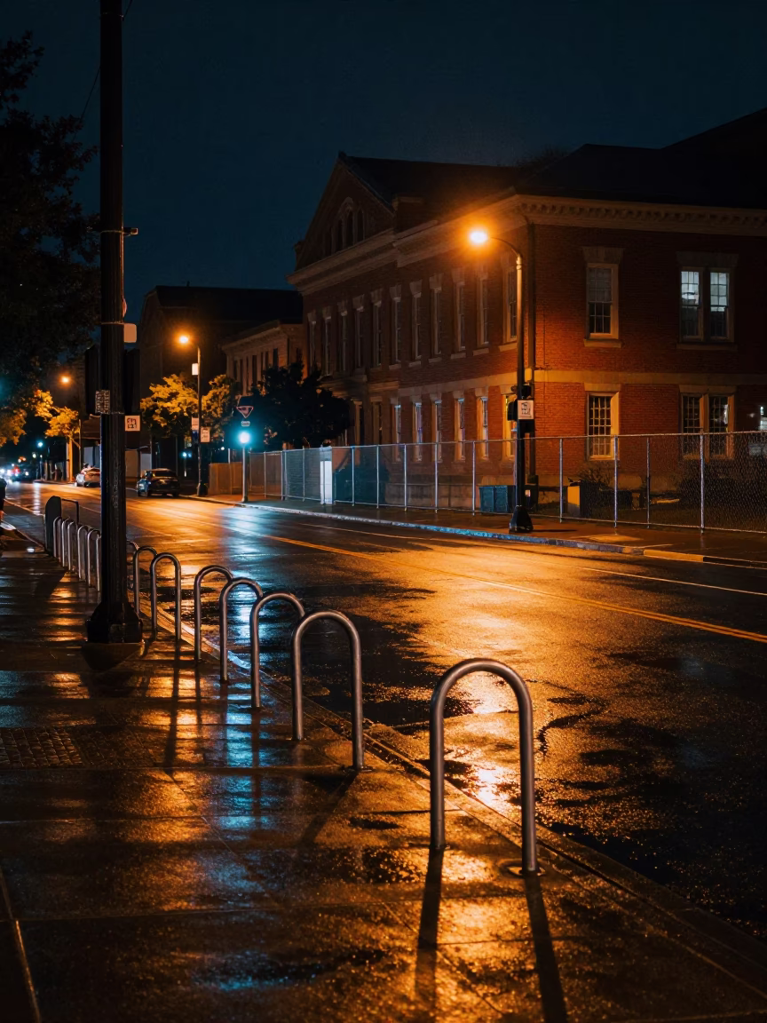 Late Night Portland Oregon Street Scene with Bicycle Rack and Drying Rack in in Portland, Oregon, United States