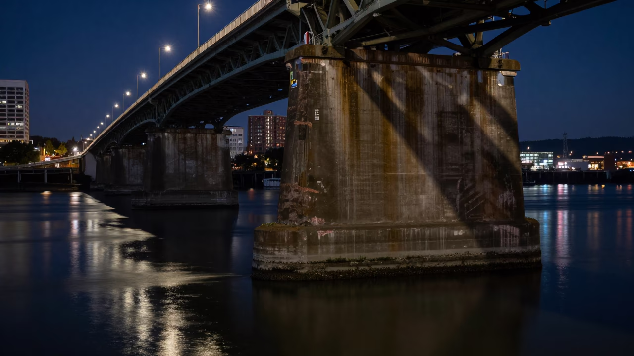 Late Night Portland Oregon Street Scene with Bridge Pier and Brass Handle in in Portland, Oregon, United States