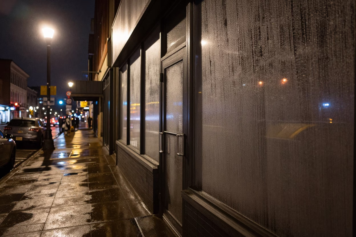 Late Night Portland Oregon Street Scene with Condensation and Urban Decay in in Portland, Oregon, United States
