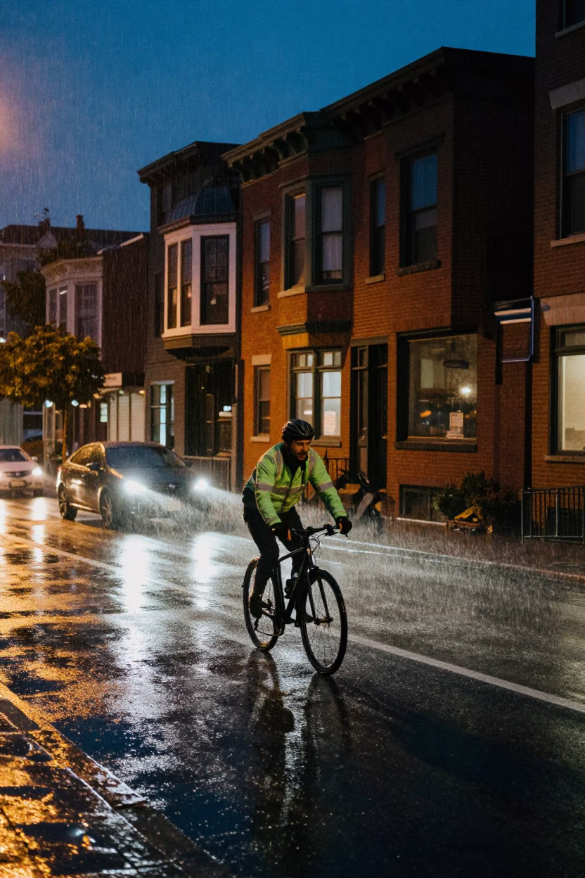 Late Night Portland Oregon Street Scene with Cyclist and Rainy Urban Atmosphere in in Portland, Oregon, United States