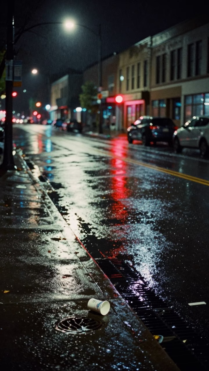 Late Night Portland Oregon Street Scene with Neon Reflections and Urban Details in in Portland, Oregon, United States