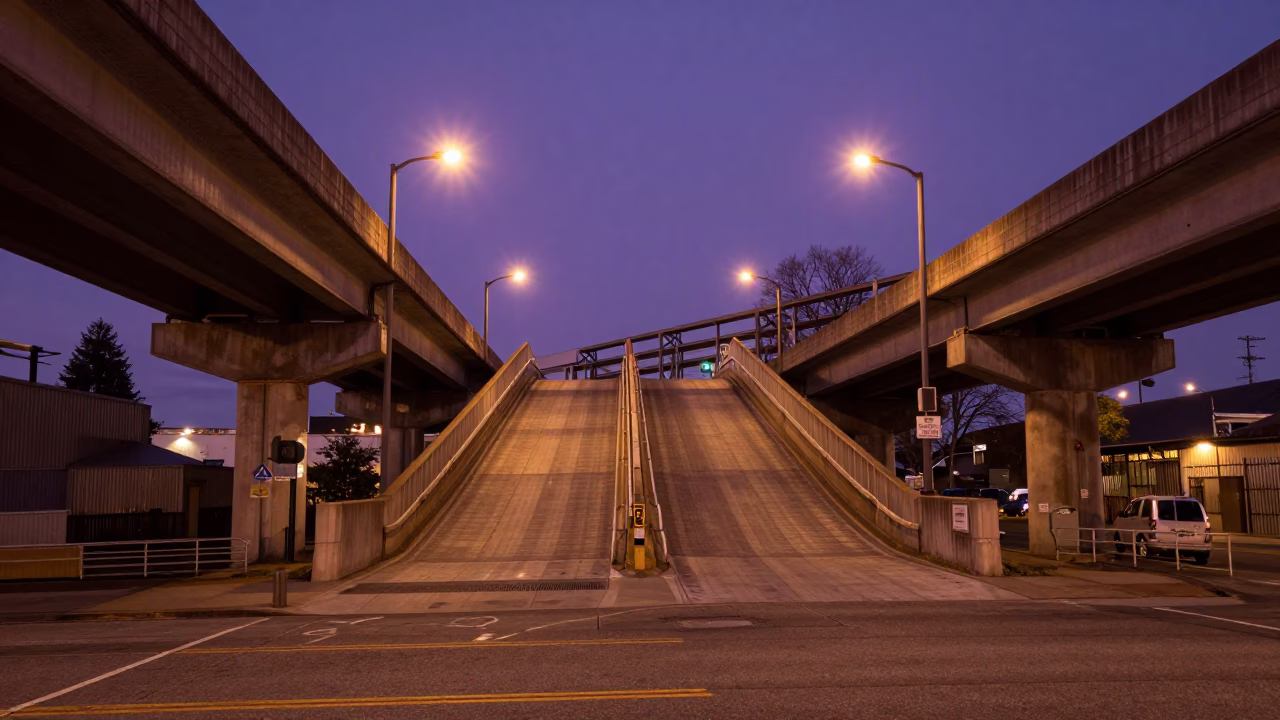 Late Night Portland Oregon Street Scene with Overpass Ramp and Levee Floodgate in in Portland, Oregon, United States