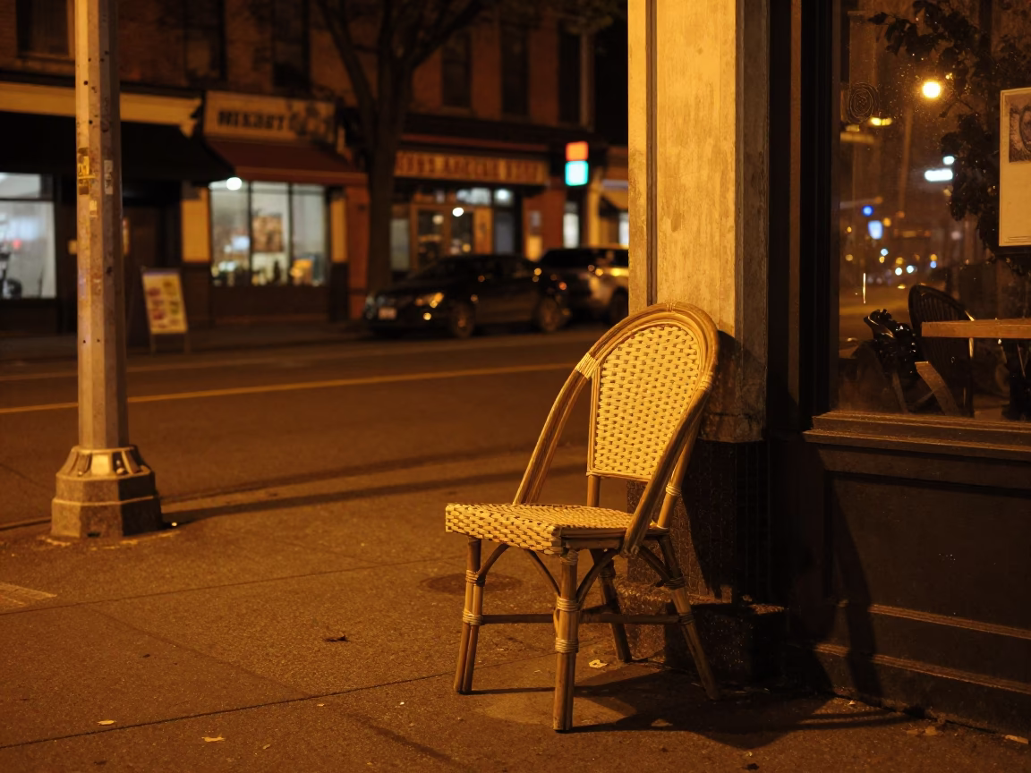 Late Night Portland Oregon Street Scene with Rattan Chair and Garden Benches in in Portland, Oregon, United States
