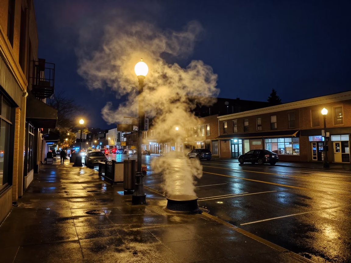 Late Night Portland Oregon Street Scene with Steam and Urban Night Atmosphere in in Portland, Oregon, United States