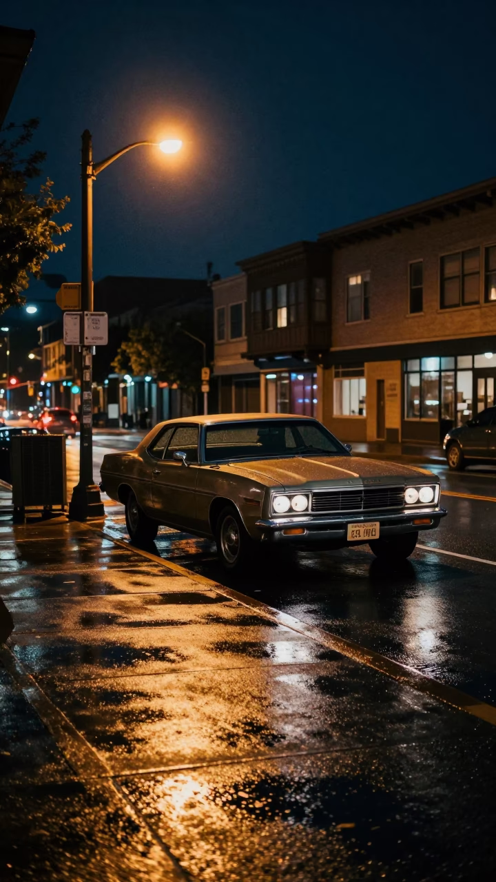 Late Night Portland Oregon Street Scene with Vintage 1970s Aesthetic and Urban Elements in in Portland, Oregon, United States