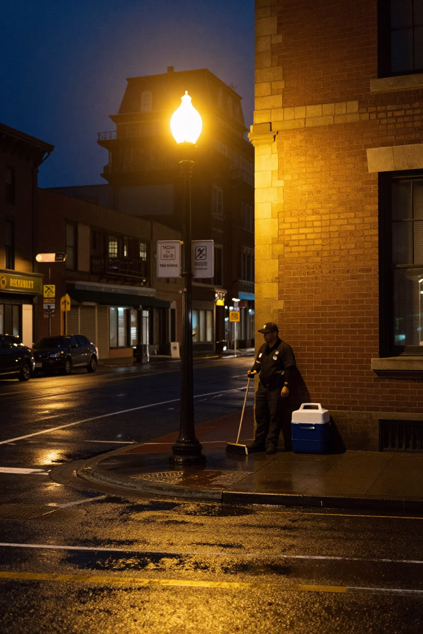 Late Night Portland Street Scene with Broom and Cooler Jug Outside Historic Building in in Portland, Oregon, United States
