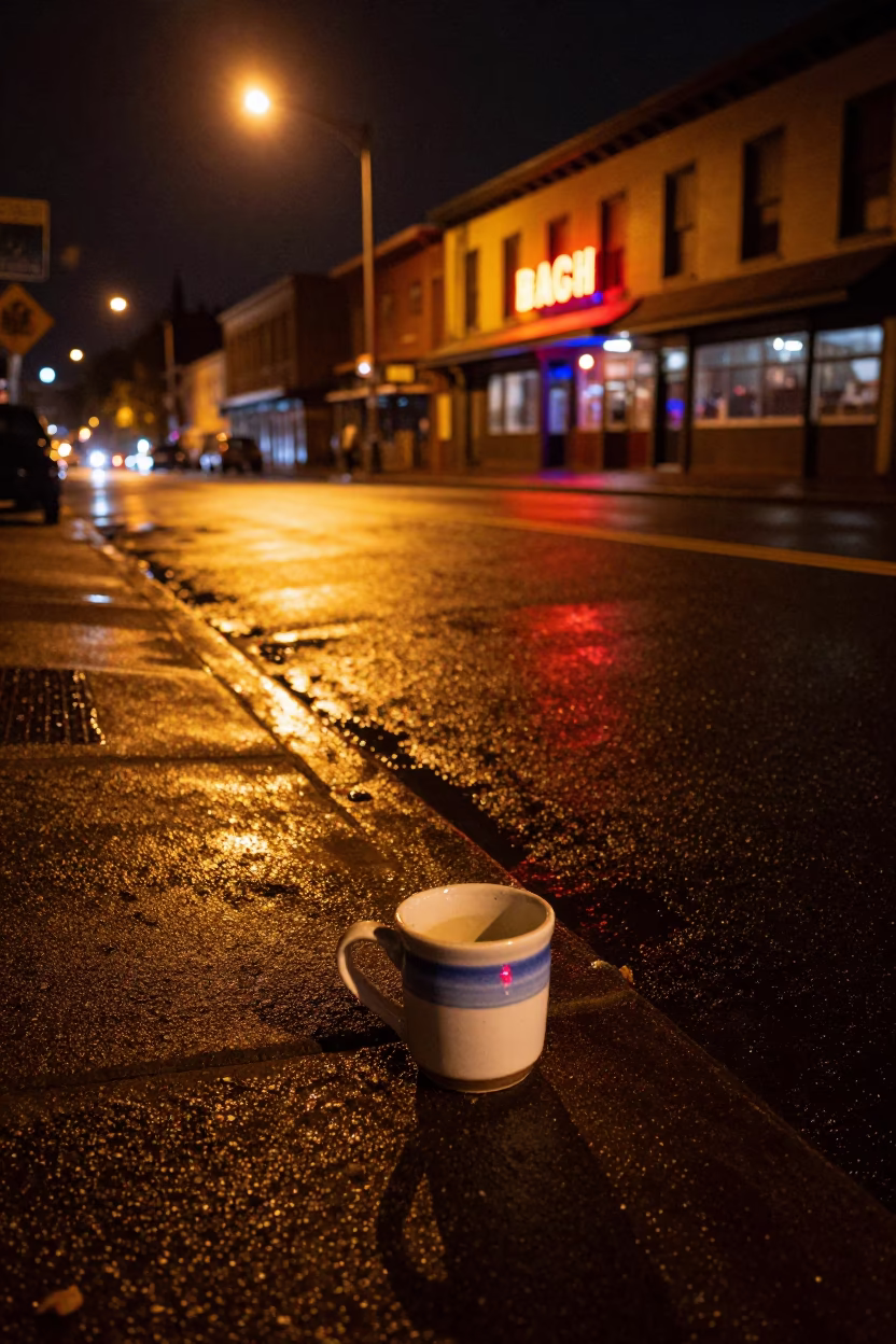 Late Night Portland Street Scene with Ceramic Cup and Rain Puddles in in Portland, Oregon, United States