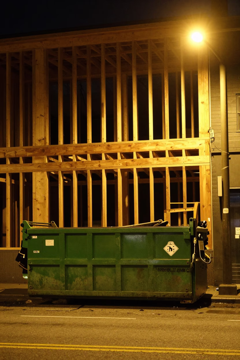 Late Night Portland Street Scene with Demolition Dumpster and Gutted Storefront Facade in in Portland, Oregon, United States