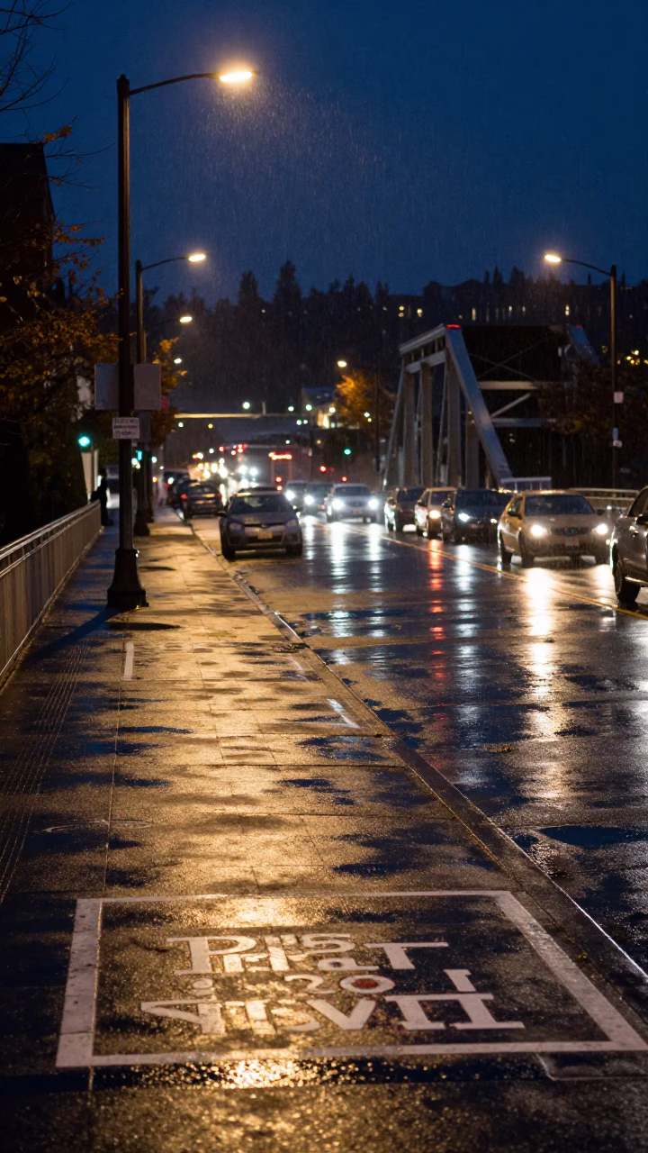 Late Night Portland Street Scene with Drawbridge Markings and Harbor Drizzle in in Portland, Oregon, United States