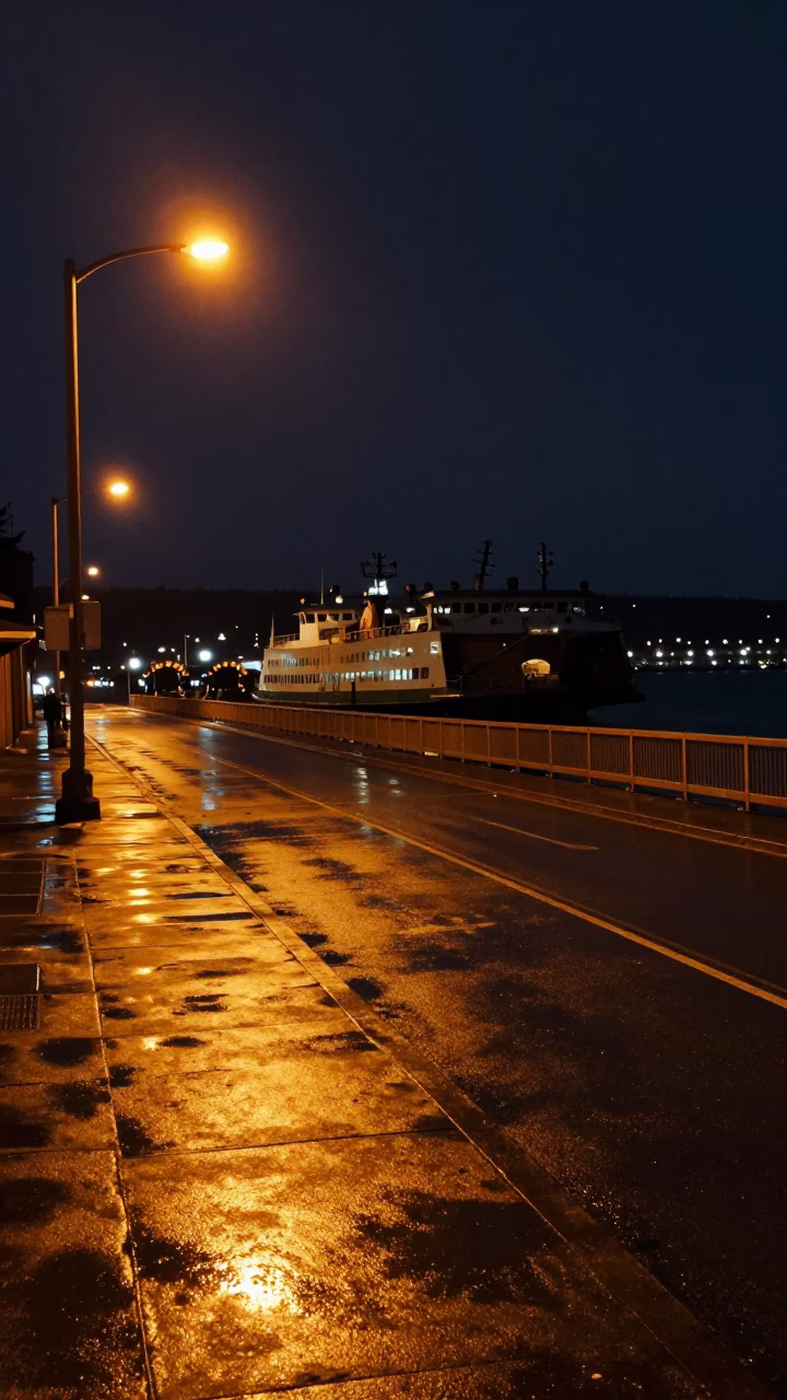 Late Night Portland Street Scene with Ferry Piling and Shirt Hanger in in Portland, Oregon, United States