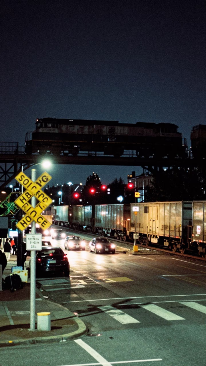 Late Night Portland Street Scene with Freight Train Crossing Trestle Bridge at Night in in Portland, Oregon, United States