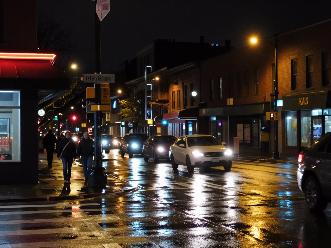 Late Night Portland Street Scene with Grease Sheen on Bucket and Brushed Steel Handle in in Portland, Oregon, United States