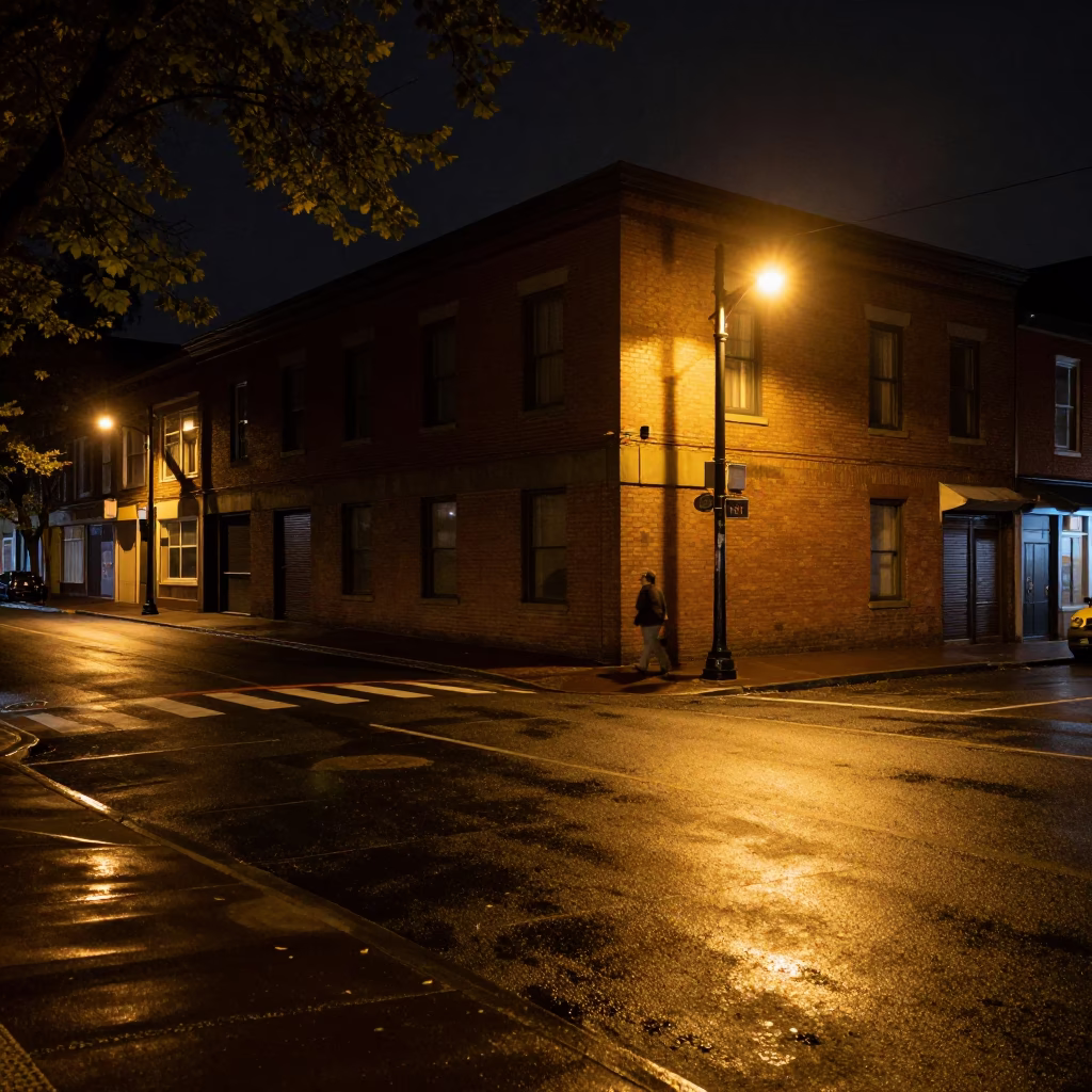 Late Night Portland Street Scene with Leaf Shadows and Wet Pavement Reflections in in Portland, Oregon, United States