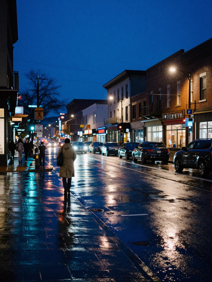 Late Night Portland Street Scene with Neon Reflections and Urban Clutter in in Portland, Oregon, United States