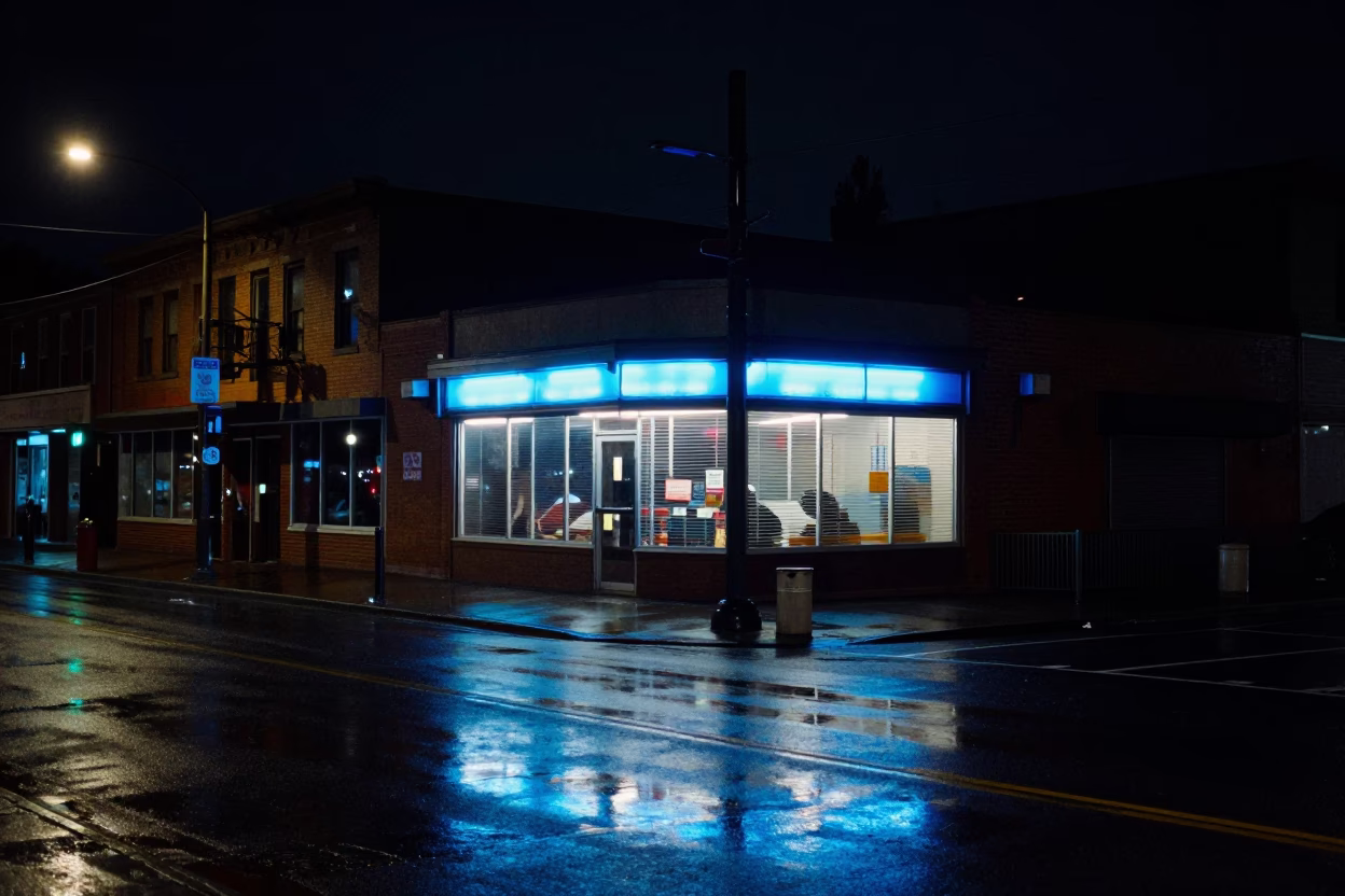 Late Night Portland Street Scene with Neon Reflections and Urban Details in in Portland, Oregon, United States