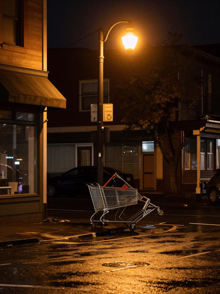 Late Night Portland Street Scene with Overturned Shopping Cart and Rain-Slicked Pavement in in Portland, Oregon, United States