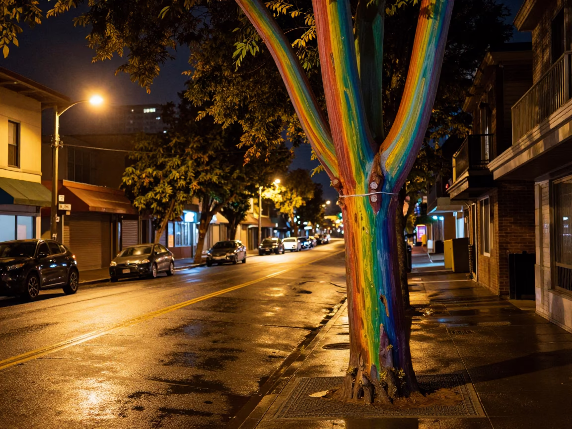 Late Night Portland Street Scene with Rainbow Eucalyptus and Urban Details in in Portland, Oregon, United States