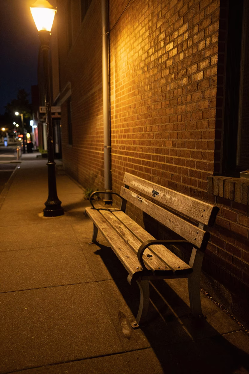 Late Night Portland Street Scene with Scratched Bench and Paperback Book in in Portland, Oregon, United States