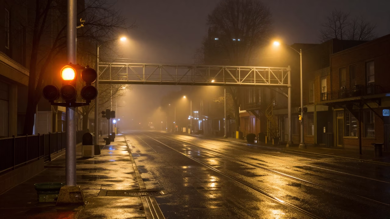Late Night Portland Street Scene with Signal Gantry and Misty Rail Lines in in Portland, Oregon, United States
