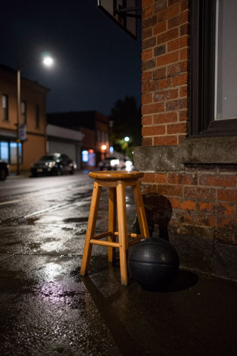 Late Night Portland Street Scene with Stool and Basketball in Urban Alley in in Portland, Oregon, United States