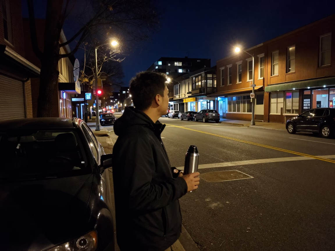 Late Night Portland Street Scene with Thermos and City Lights in in Portland, Oregon, United States