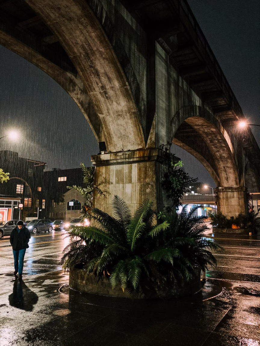 Late Night Portland Street Scene with Viaduct Arch and Dripping Ferny Stone Undercroft in in Portland, Oregon, United States