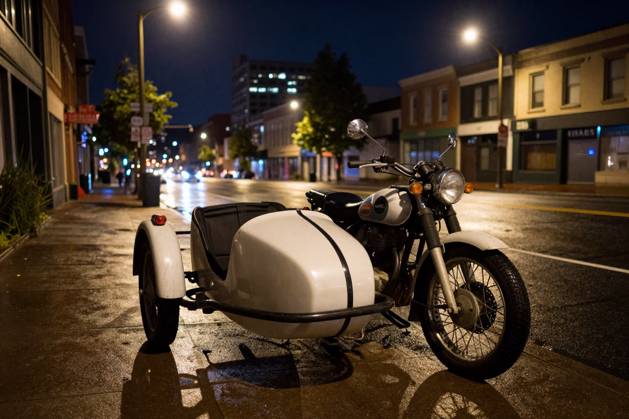 Late Night Portland Street Scene with Vintage Motorcycle Sidecar and Urban Neon Reflections in in Portland, Oregon, United States