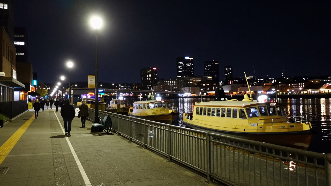 Late Night Portland Street Scene with Water Taxi Dock and Urban Lights in in Portland, Oregon, United States