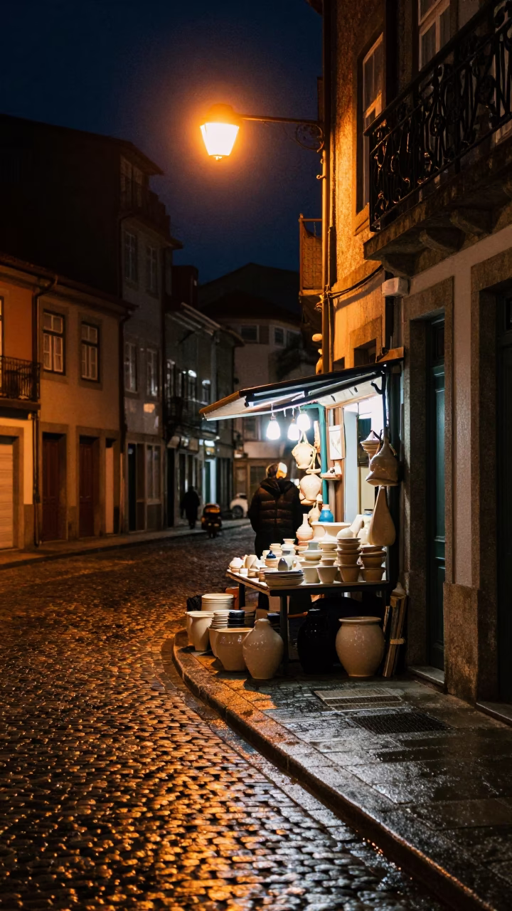 Late Night Porto Portugal Street Scene with Brushed Steel and Pottery Market Wares in in Porto, Portugal