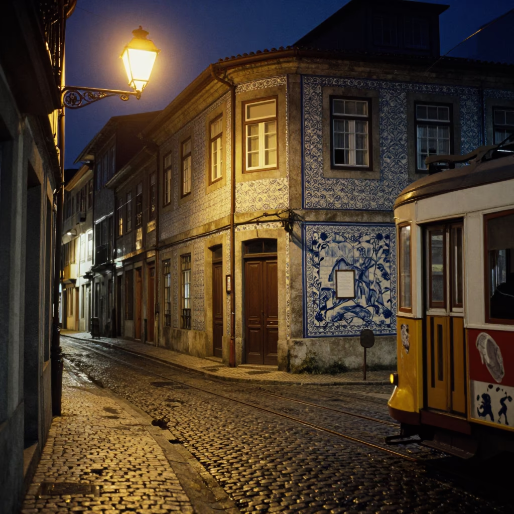 Late Night Porto Portugal Street Scene with Tram and Cobblestone Architecture in in Porto, Portugal
