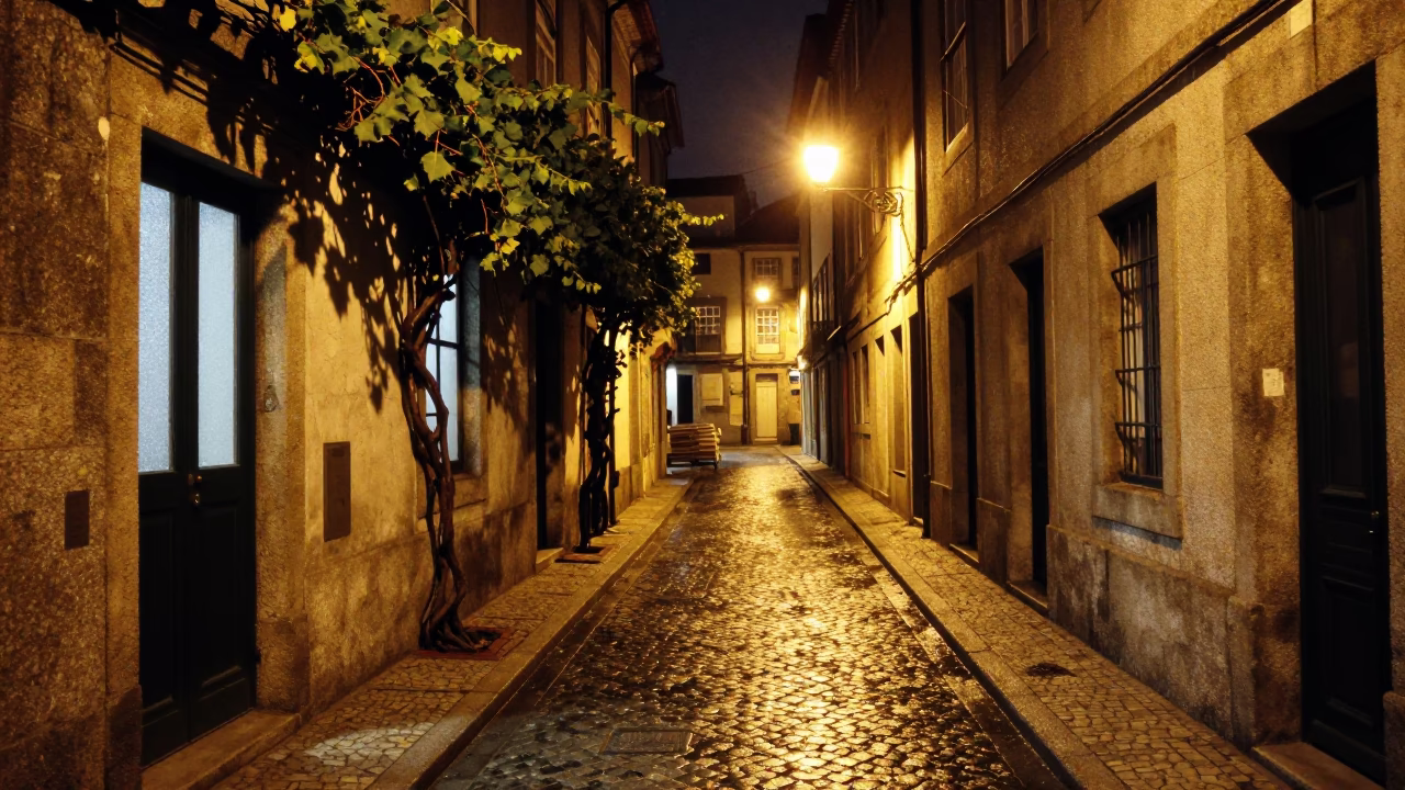Late Night Porto Portugal Street Scene with Vine and Glass Pitcher in in Porto, Portugal