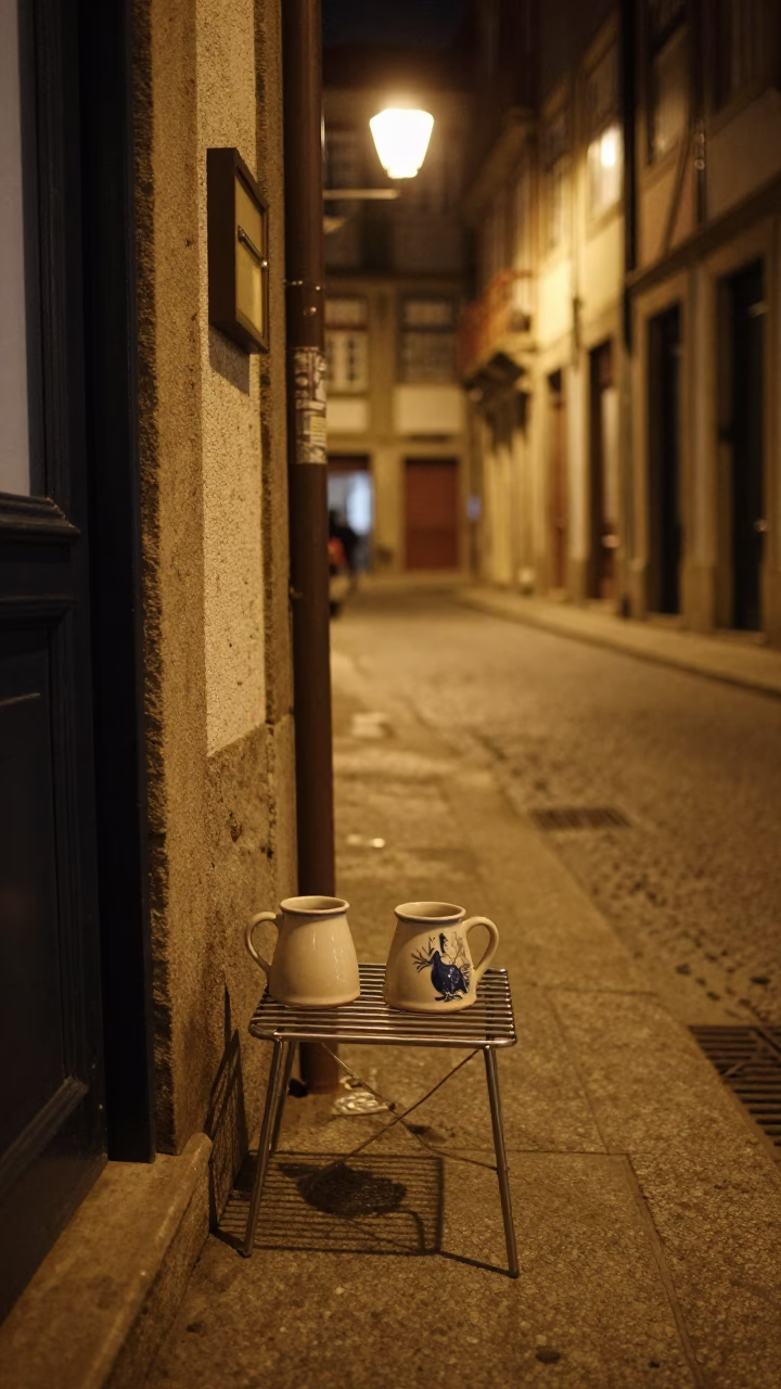 Late Night Porto Street Scene with Ceramic Mugs and Drying Rack in in Porto, Portugal