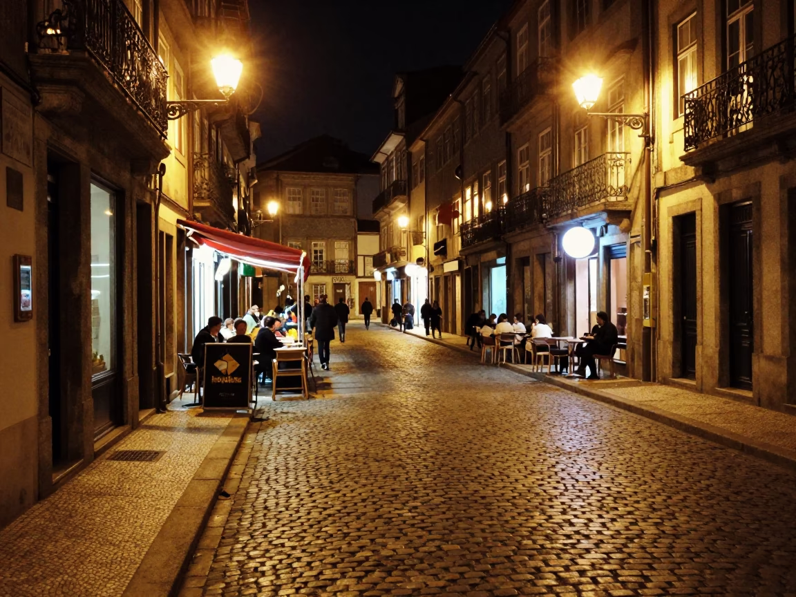Late Night Porto Street Scene with Cobblestones and Nightlife in in Porto, Portugal