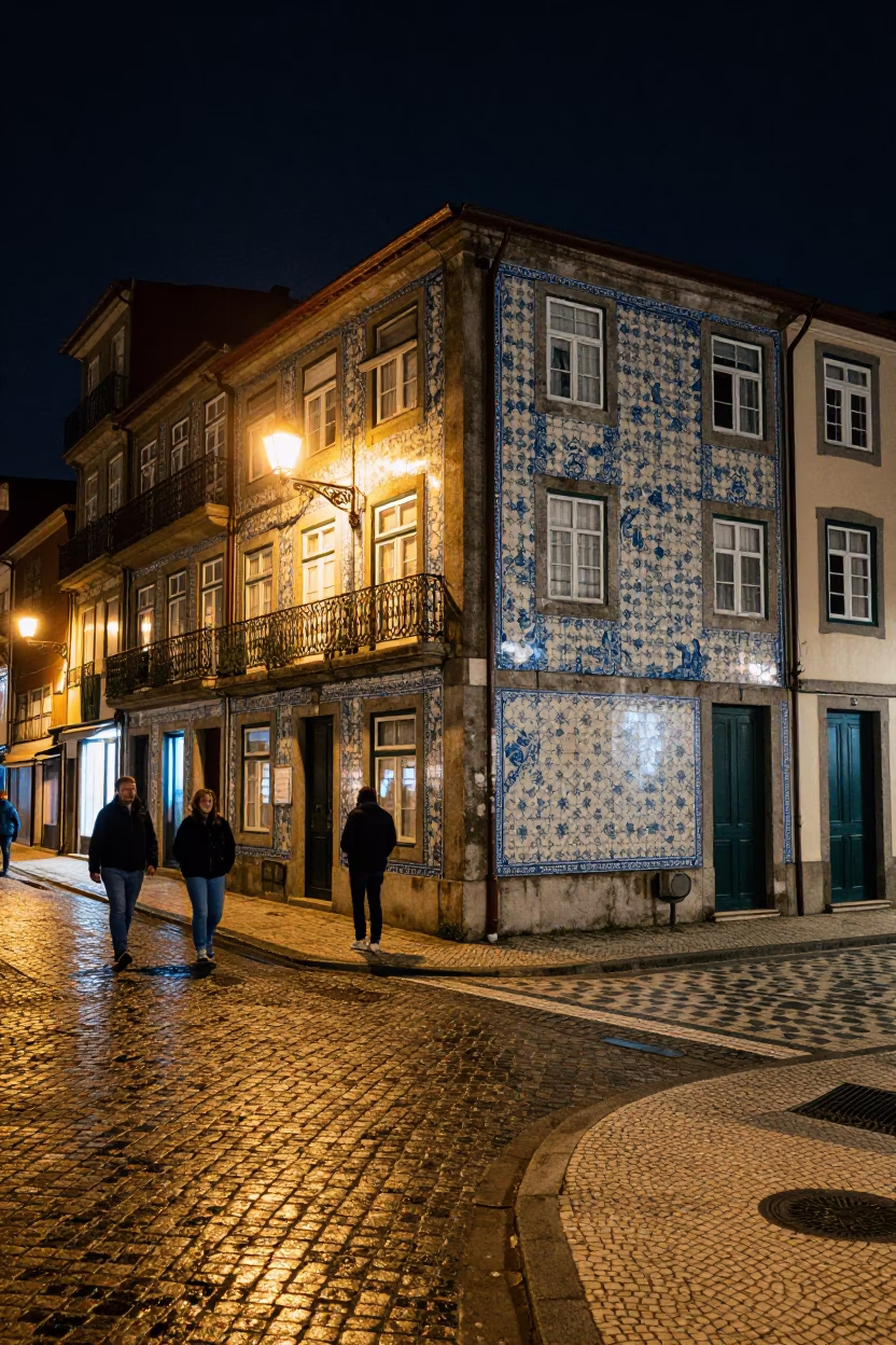 Late Night Porto Street Scene with Colorful Tiles and Urban Activity in in Porto, Portugal