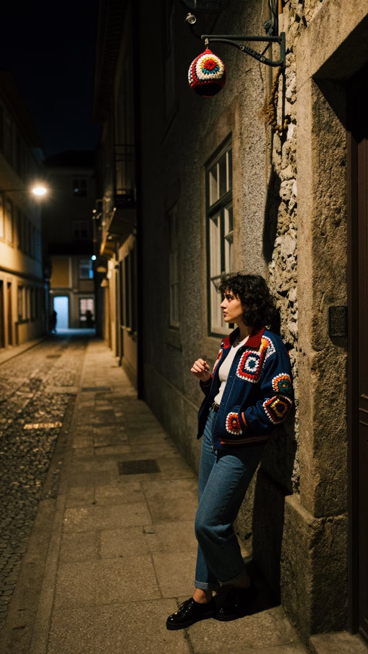 Late Night Porto Street Scene with Crochet Hook and Mirror Smudges in in Porto, Portugal