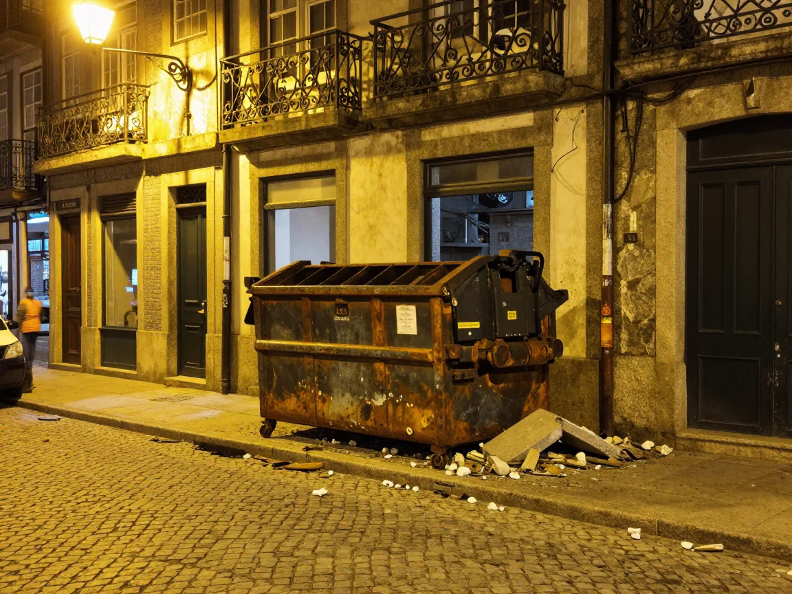 Late Night Porto Street Scene with Demolition Dumpster and Brass Rim Detail in in Porto, Portugal
