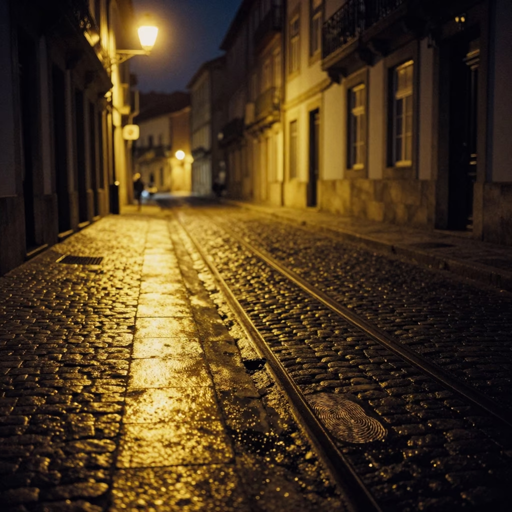Late Night Porto Street Scene with Fingerprinted Rail and Damp Cobblestones in in Porto, Portugal