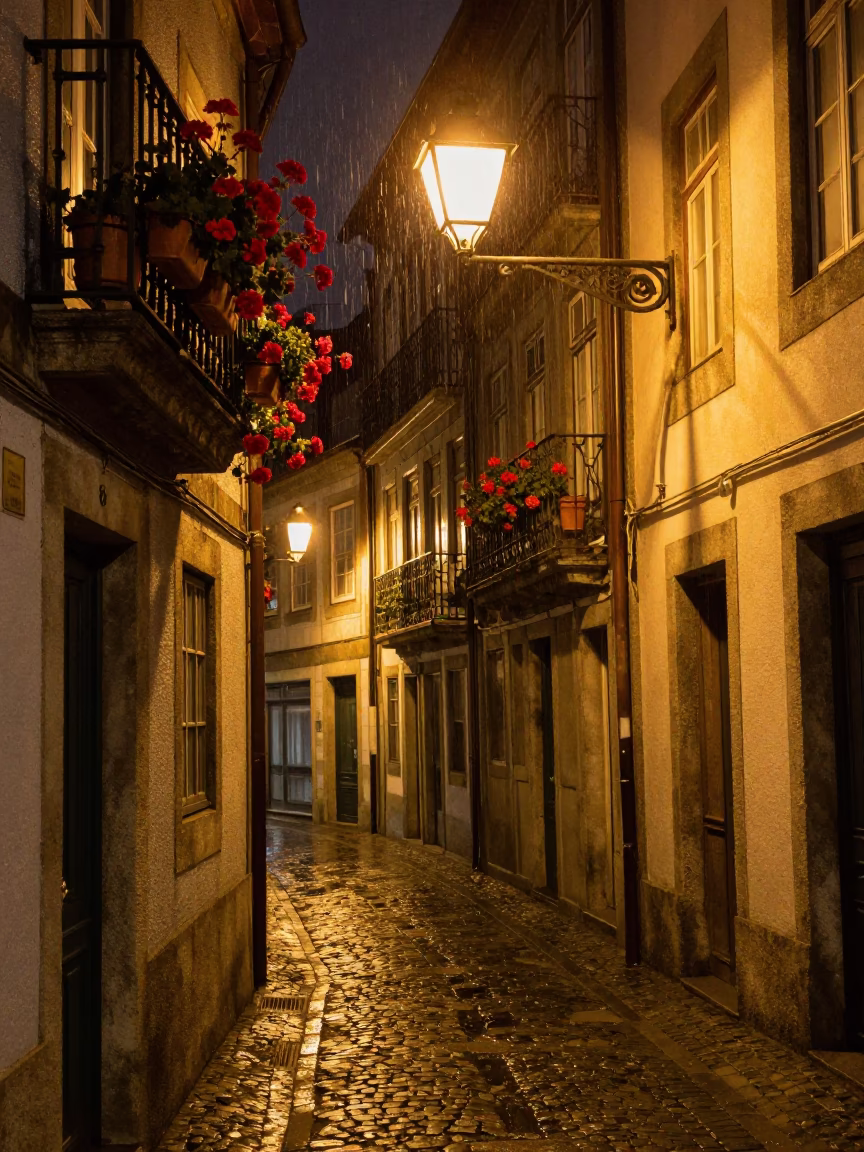 Late Night Porto Street Scene with Geraniums and Rain on Cobblestones in in Porto, Portugal