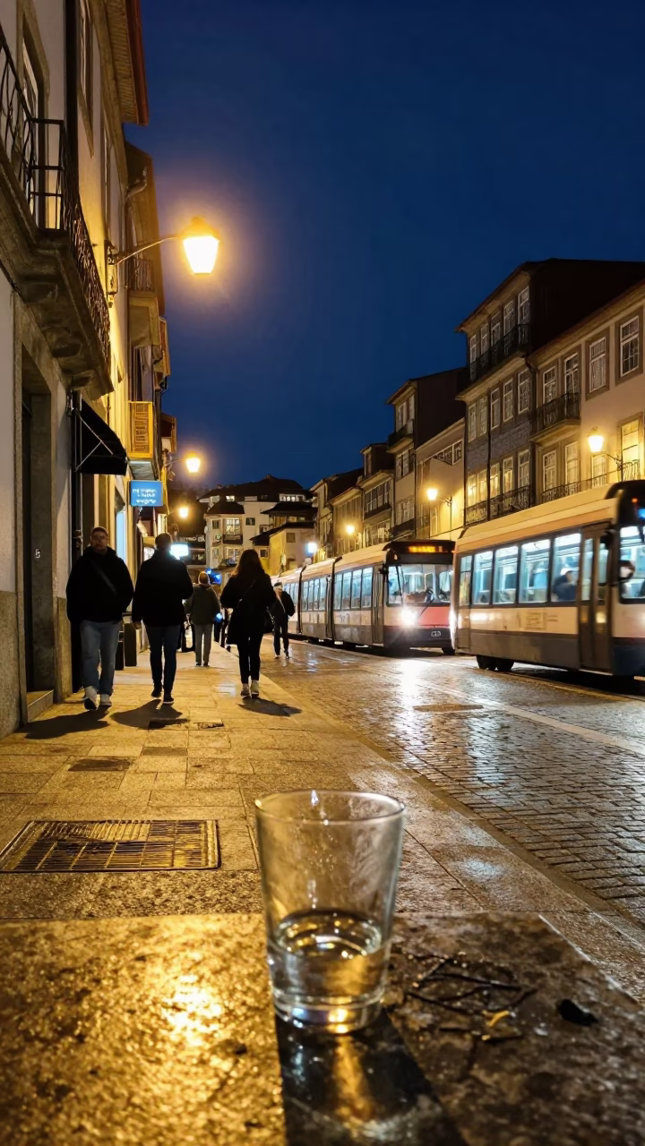 Late Night Porto Street Scene with Glass Carafe and Monorail in in Porto, Portugal