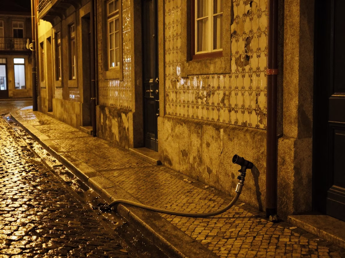 Late Night Porto Street Scene with Hose Nozzle and Steam Haze in in Porto, Portugal
