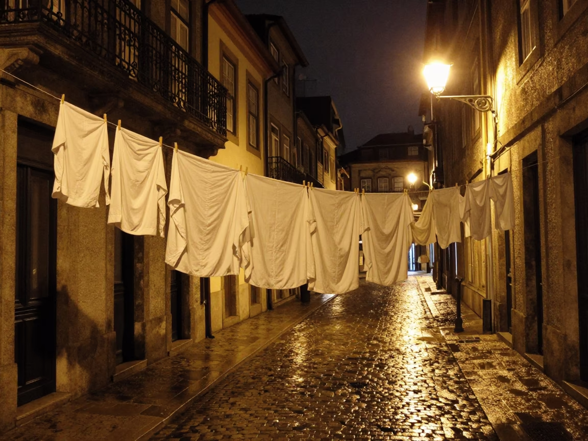 Late Night Porto Street Scene with Laundry Pins and Bridge Maintenance Cage in Rain in in Porto, Portugal
